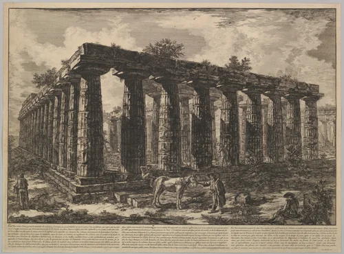 View showing the remains of a large enclosure of columns..., from Différentes vues de quelques Restes de trois grands Edifices qui subsistent encore dans le milieu de l'ancienne Ville de Pesto autrement Posidonia qui est située dans la Lucanie (Different views of some of the remains of three great edifces that still exist at teh center of the ancient city of Pesto, or Posidonia [Paestum], which is siutated in Lucania) by Giovanni Battista Piranesi, print, 1743-1753