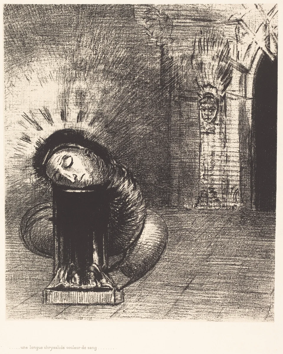 Une longue chrysalide couleur de sang (A longchrysalis, the color of blood) by Odilon Redon, print, 1889