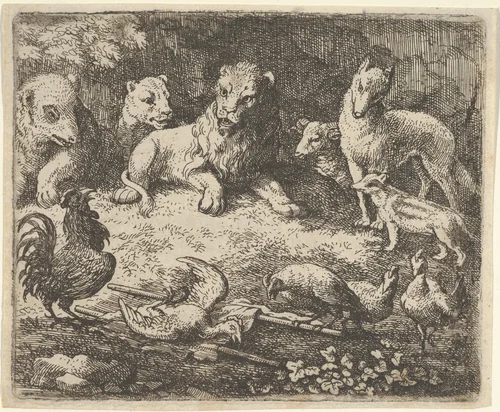The Rooster Accuses Renard of the Murder of One of His Chickens from Hendrick van Alcmar's Renard The Fox by Allart van Everdingen, print, 1635-1675