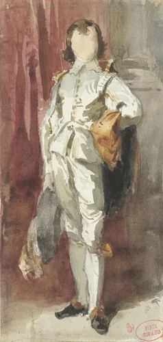 Staande knaap in Van Dyck-kostuum, tegen een rood gordijn gezet by Pierre François Eugène Giraud, drawing, 1816-1881