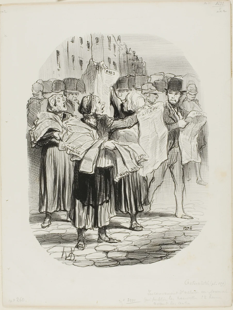 The Disadvantage of Buying a Newspaper That is Publishing the News Twelve Hours Before the others. “- How come I buy your paper and cannot find the news of today? - Sir, today's news was in yesterday's paper,” plate 139 from Actualités by Honoré-Victorin Daumier, print, 1848