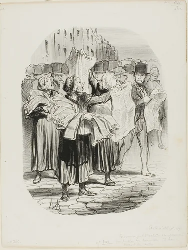 The Disadvantage of Buying a Newspaper That is Publishing the News Twelve Hours Before the others. “- How come I buy your paper and cannot find the news of today? - Sir, today's news was in yesterday's paper,” plate 139 from Actualités by Honoré-Victorin Daumier, print, 1848