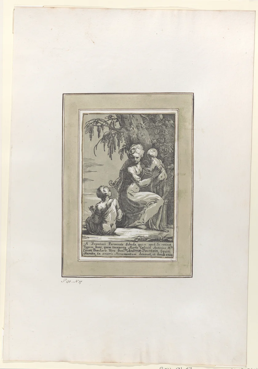 A Woman Standing at the Foot of a Tree Holding an Infant, with a Seated Boy by Anton Maria Zanetti, print, 1724