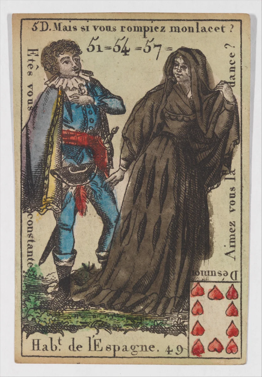 Hab.t de l'Espagne, from the playing cards (for quartets) "Costumes des Peuples Étrangers" by anonymous, print, 1700-1799