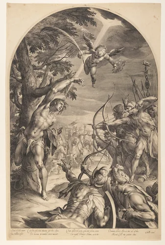 Martyrdom of Saint Sebastian by Jan Harmensz. Muller, print, 1595-1605