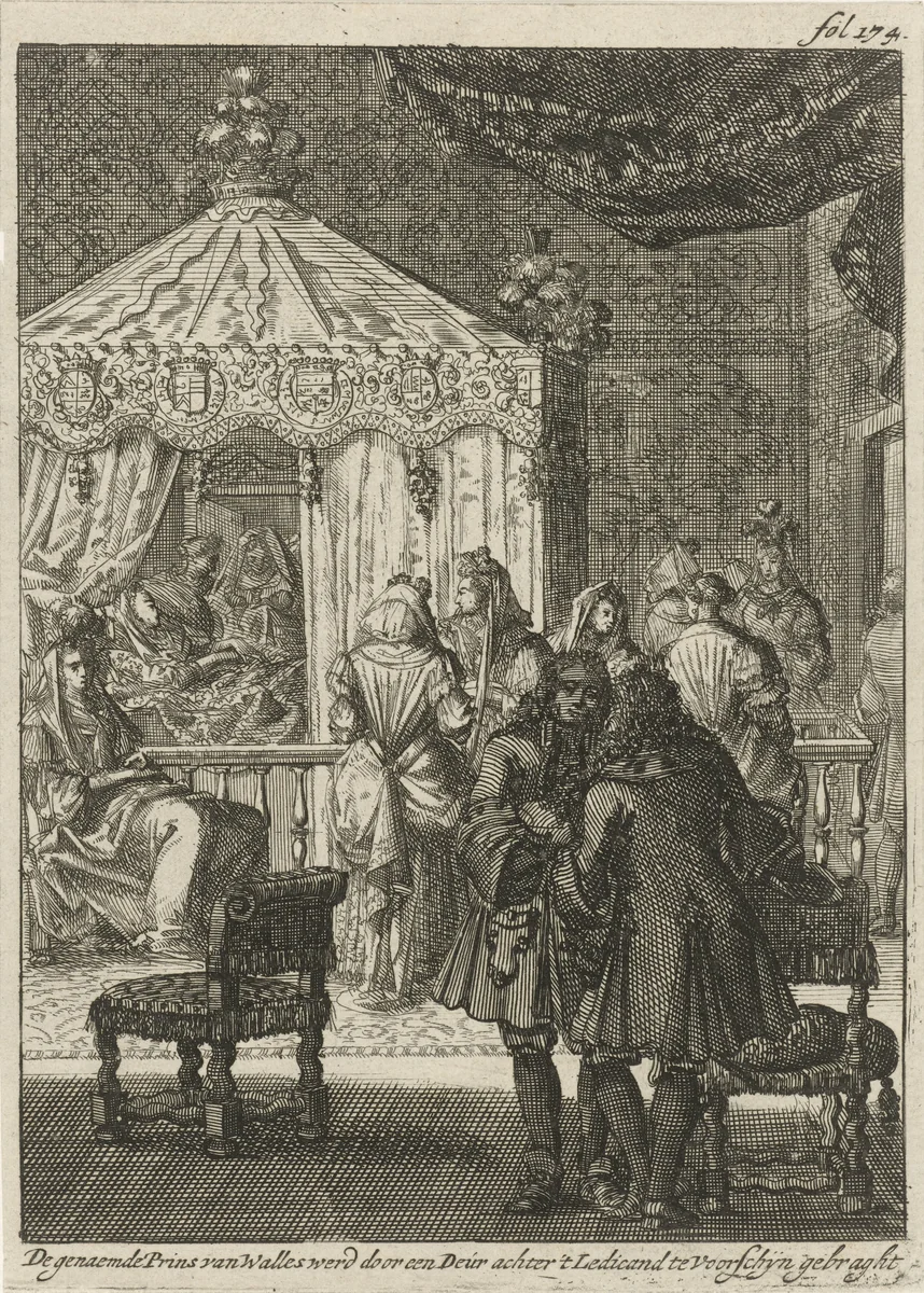 De geboorte van de prins van Wales, 1686 by Jan Luyken, print, 1689