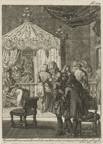 De geboorte van de prins van Wales, 1686 by Jan Luyken, print, 1689