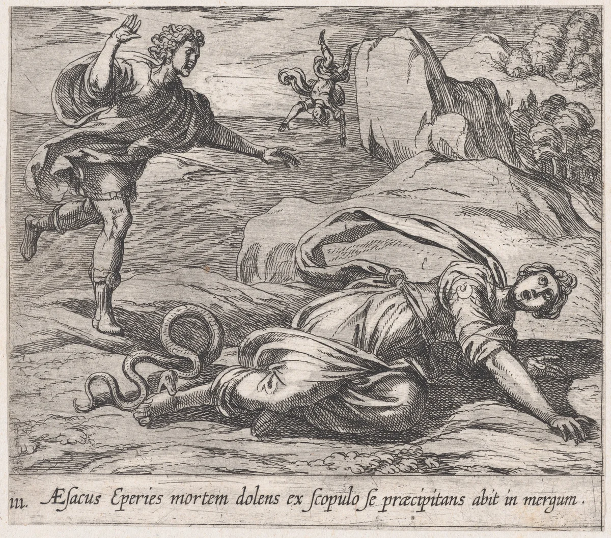 Plate 111: Aesacus and Hespeia (Aesacus Eperies mortem dolens ex scopulo se praecipitans abit in mergum), from Ovid's 'Metamorphoses' by Antonio Tempesta, print, 1606