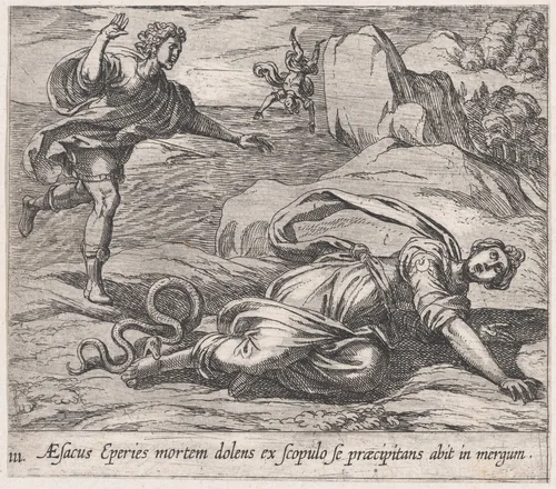 Plate 111: Aesacus and Hespeia (Aesacus Eperies mortem dolens ex scopulo se praecipitans abit in mergum), from Ovid's 'Metamorphoses' by Antonio Tempesta, print, 1606