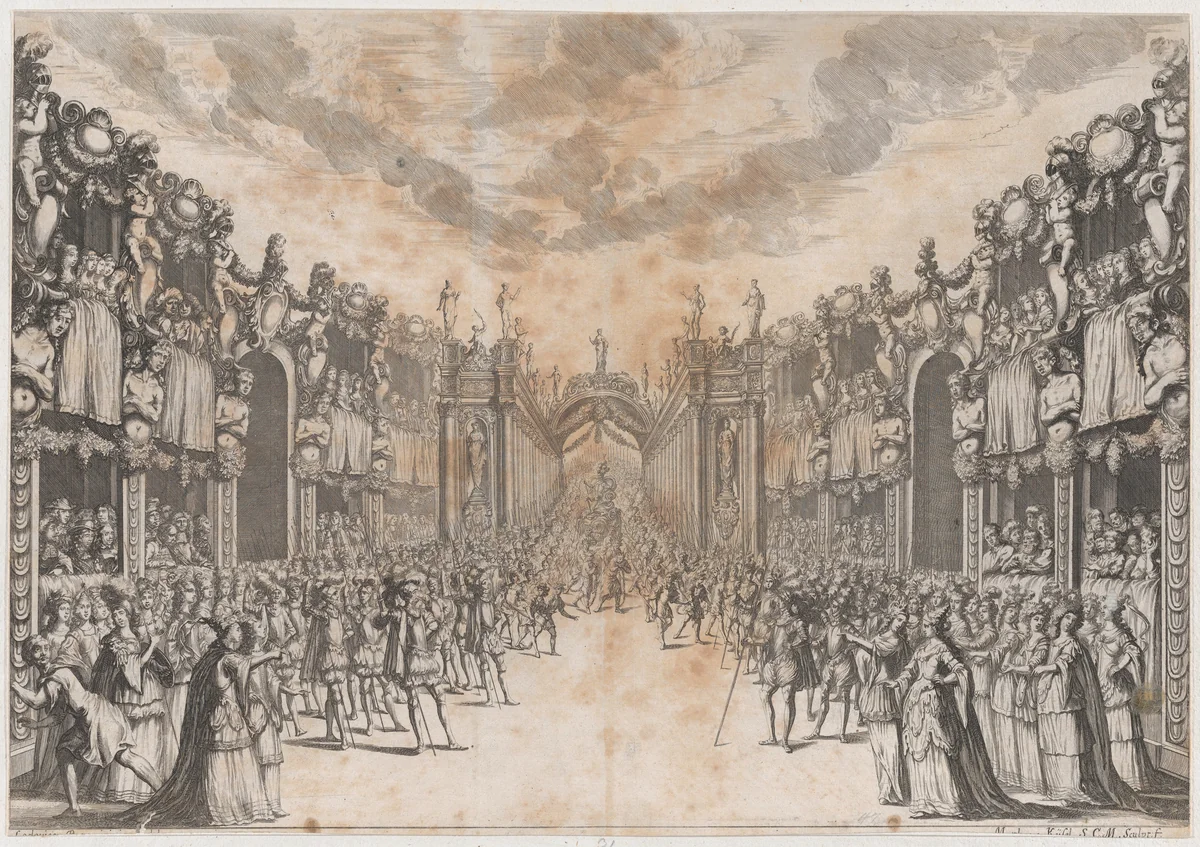 Men and women gathererd in the street to view the entrance of a royal figure, who is carried into the city on a throne; set design from 'La Monarchia Latina Trionfante' by Mathäus Küsel, print, 1678