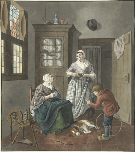 Interieur met naaiende vrouw, dienstmeid en spelende jongen by Hendrik Jan van Amerom, drawing, 1797