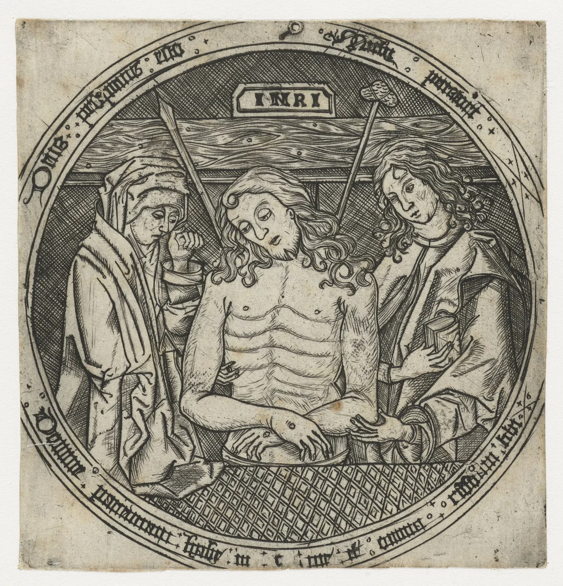 Man van Smarten tussen Maria en Johannes de Evangelist by anonymous, print, 1455-1503