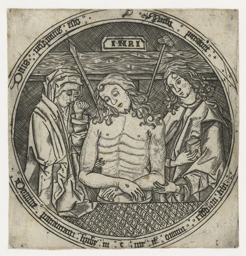 Man van Smarten tussen Maria en Johannes de Evangelist by anonymous, print, 1455-1503