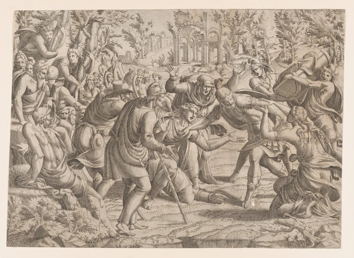 Cassandra Stopping Deiphobus from Killing Paris by Jean Mignon, print, 1535-1555