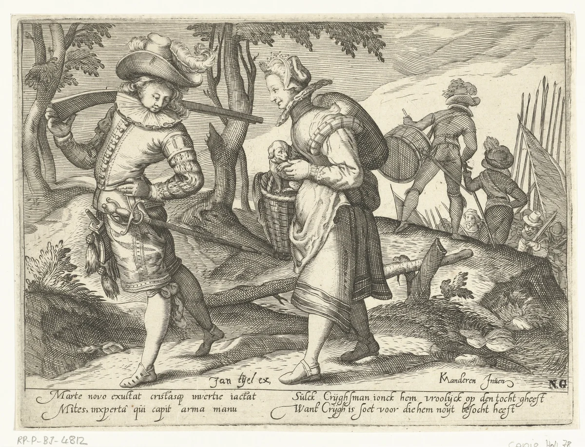 Trotse soldaat met jonge vrouw by anonymous, print, 1585-1660