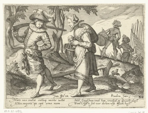 Trotse soldaat met jonge vrouw by anonymous, print, 1585-1660
