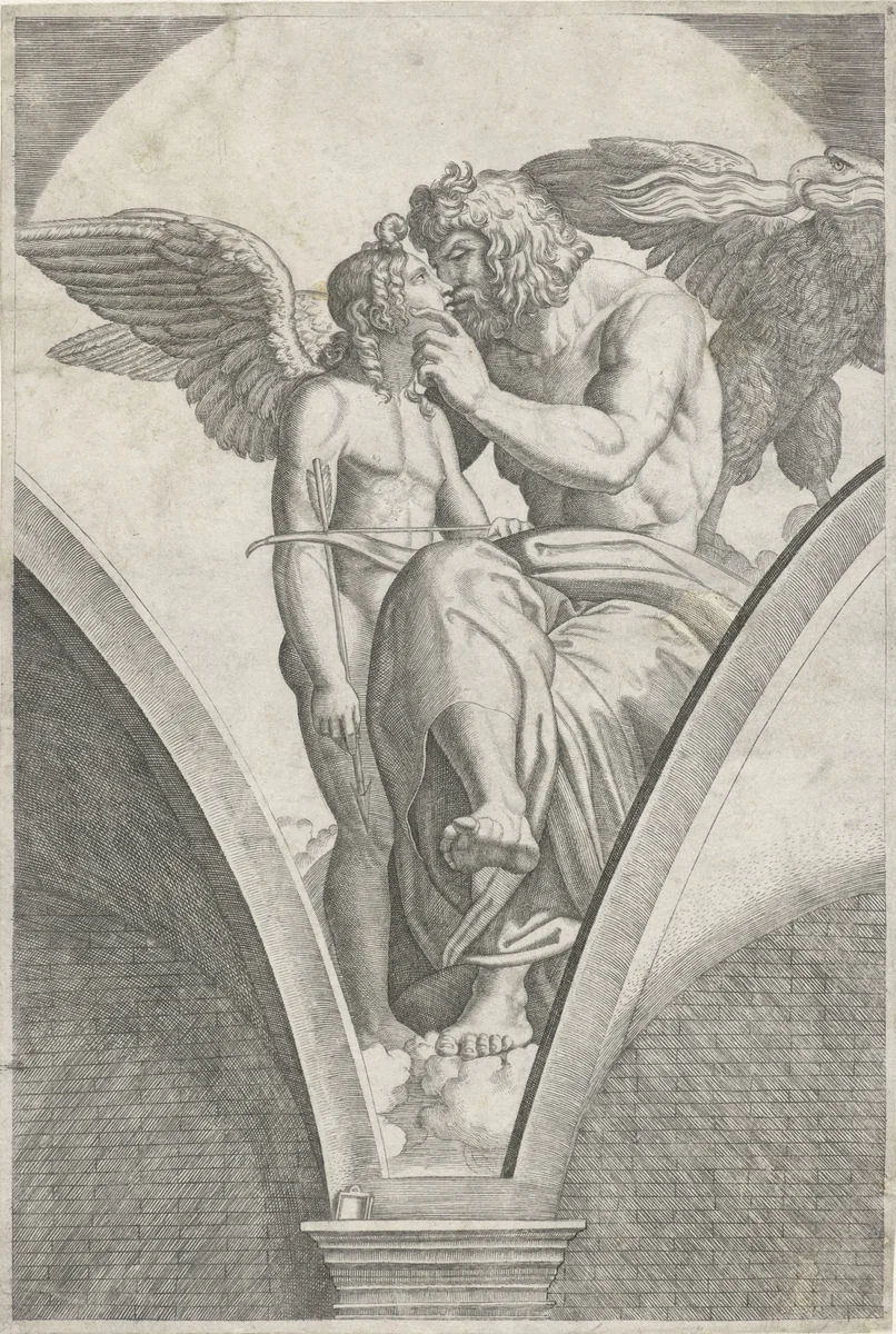 Jupiter met adelaar omhelst Amor met pijl en boog by Unknown, print, 1517-1520