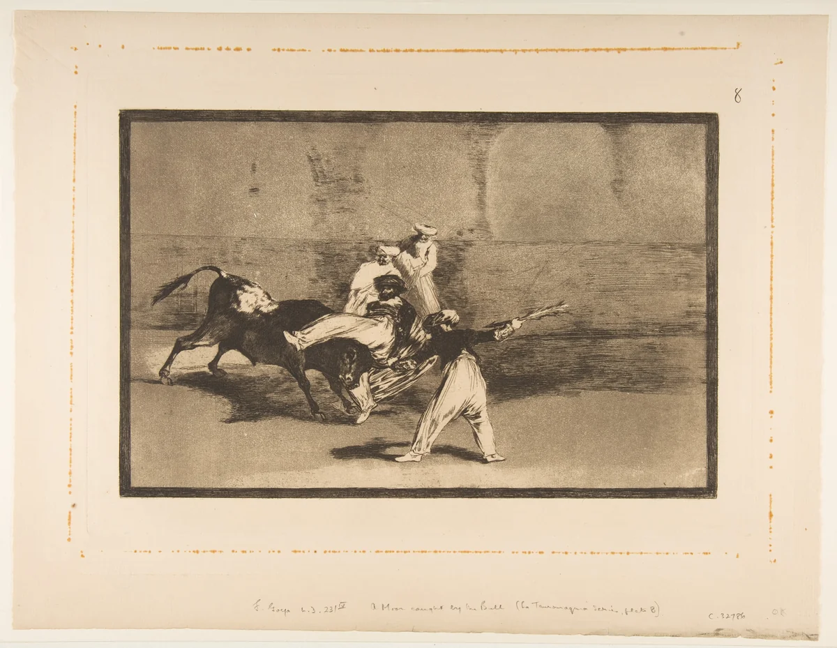 Plate 8 from "Tauromaquia": A moor caught by the bull in the ring by Goya, print, 1811-1821