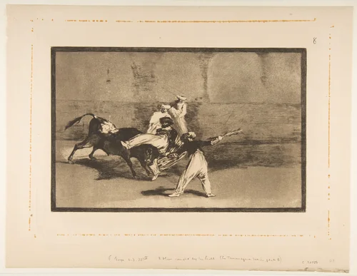 Plate 8 from "Tauromaquia": A moor caught by the bull in the ring by Goya, print, 1811-1821