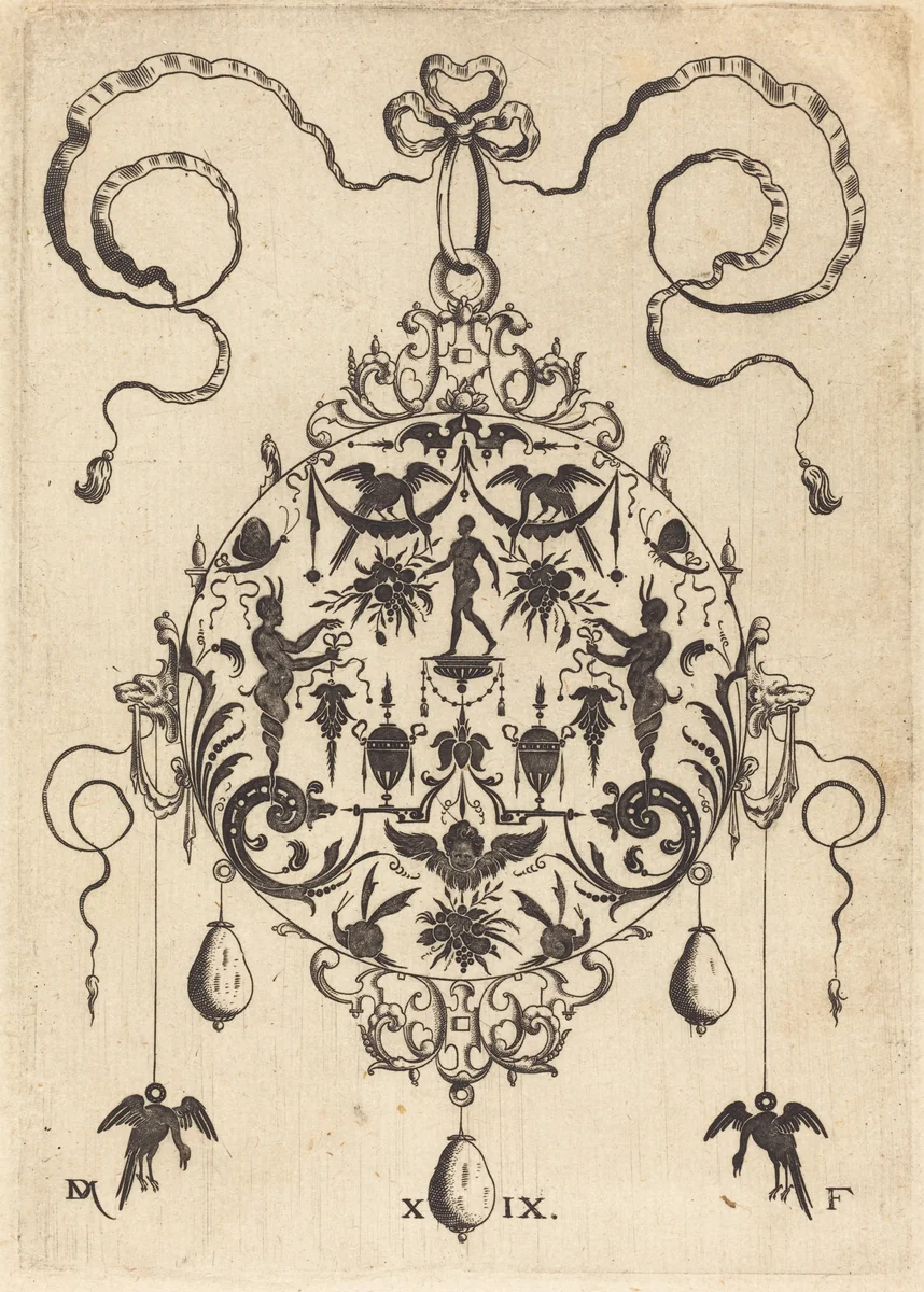 Large Pendant, In Circular Form, Nude Man Flanked by Two Herms by Daniel Mignot, print, 1596