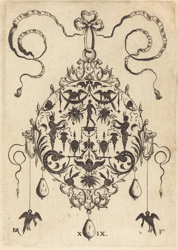 Large Pendant, In Circular Form, Nude Man Flanked by Two Herms by Daniel Mignot, print, 1596
