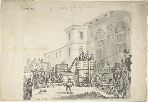 Delivery Entrance of Palais des Beaux Arts at the Exposition Universelle of 1855 by Eyre Crowe, drawing, 1855