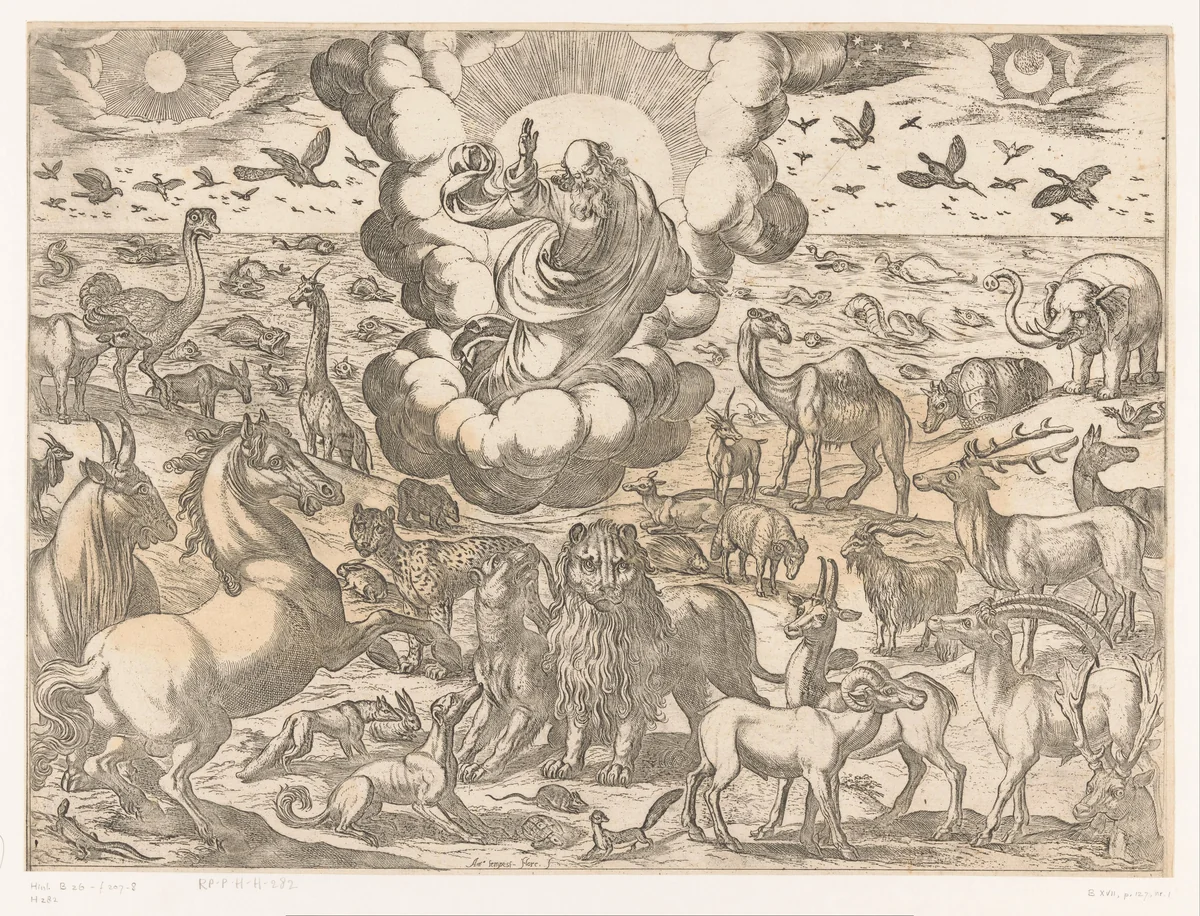 God schept de dieren by Unknown, print, 1565-1630