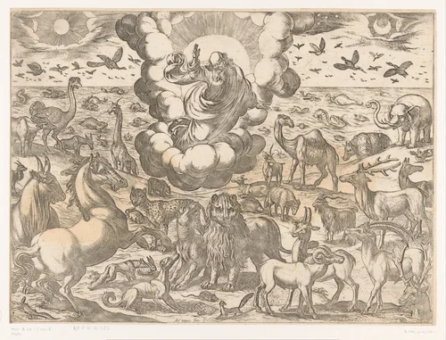 God schept de dieren by Unknown, print, 1565-1630