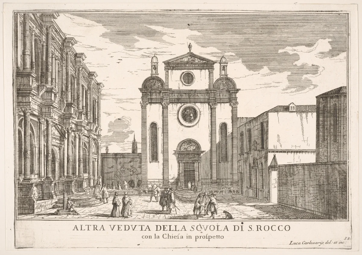 Plate 38: View of the facade of the church of St. Roch and at left the facade of the School of St. Roch, Venice, 1703, from "The buildings and views of Venice" (Le fabriche e vedute di Venezia) by Luca Carlevaris, print, 1703