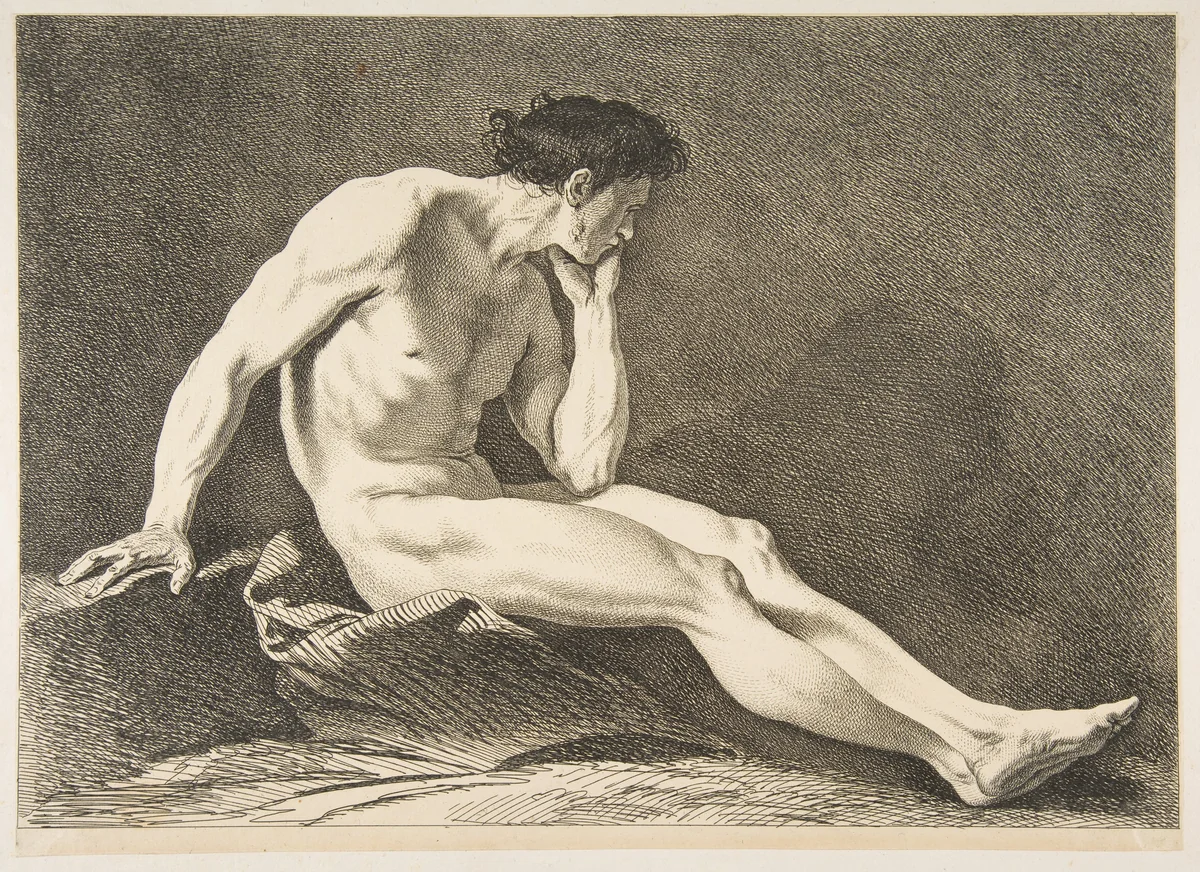 An "Académie": Sitting Man by Carle Vanloo, print, 1742-1743