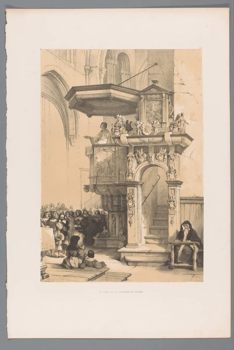Priester spreekt een menigte aan vanaf de preekstoel in de Dom van Trier by Louis Haghe, print, 1845