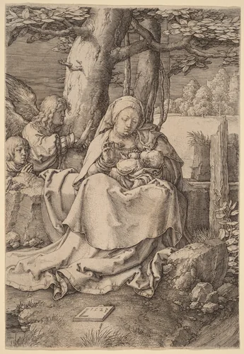 The Virgin and Child with Two Angels by Lucas van Leyden, print, 1523
