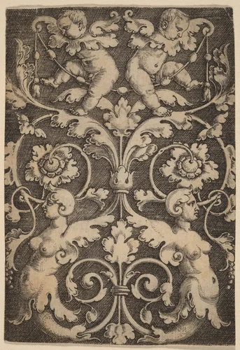 Upright Ornament with Two Sirens by Master of the Horse Heads, print, 1453-1560