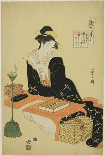 An Elegant Parody of the Six Poetic Immortals (Furyu yatsushi rokkasen): The Priest Kisen by Chobunsai Eishi, print, 1788-1798