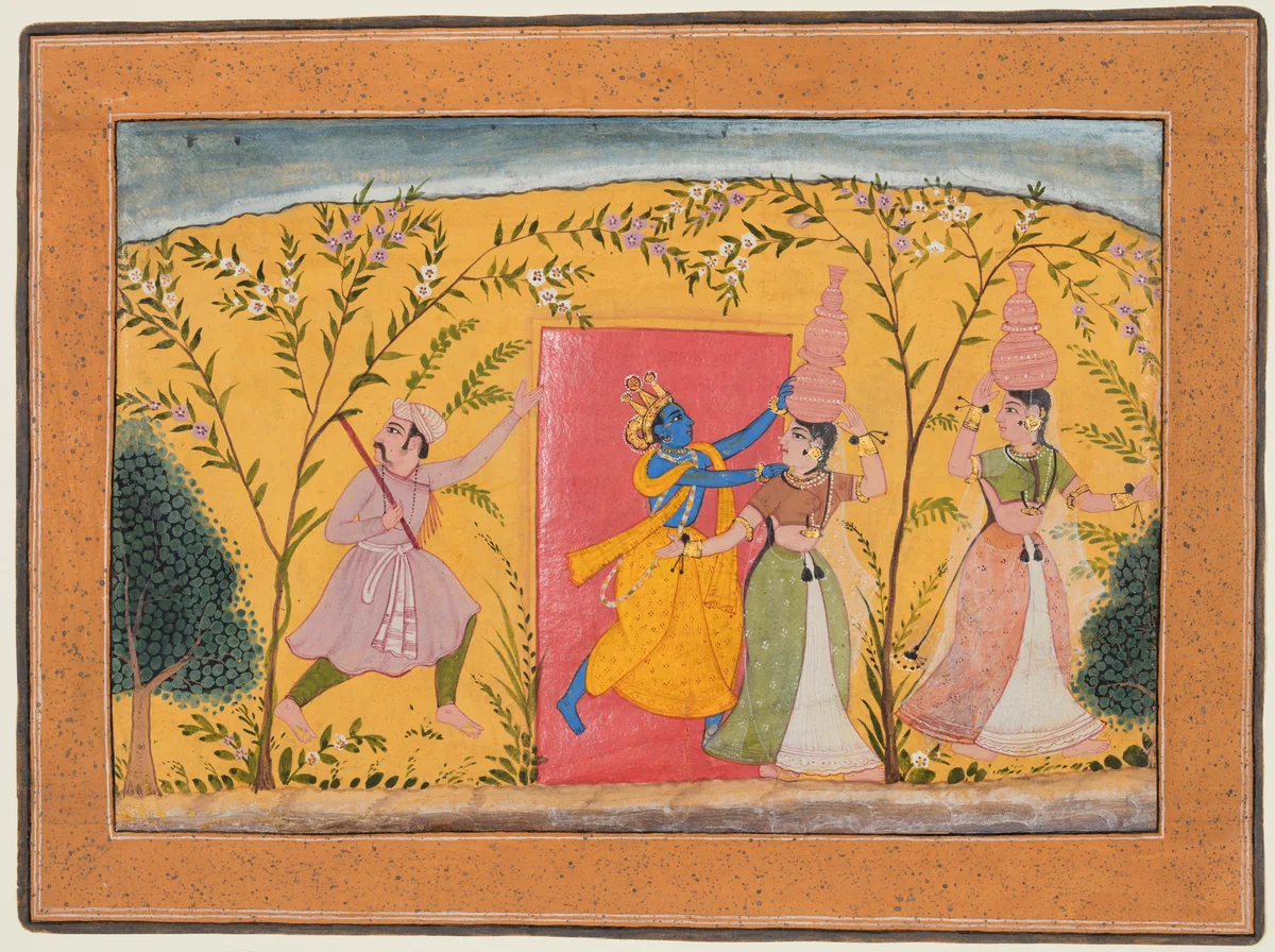 Krishna Exacts a Toll from the Milkmaids: Dana-Lila, from a Bhagavata Purana by Unknown, painting, 1590-1610