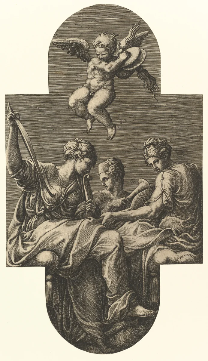 Three Muses and a Putto with Cymbals, from a series of eight compositions after Francesco Primaticcio's designs for the ceiling of the Ulysses Gallery (destroyed 1738-39) at Fontainebleau by Giorgio Ghisi, print, 1560-1569