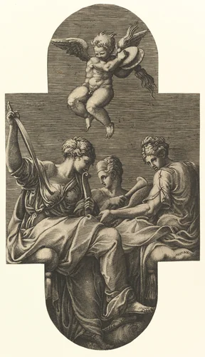 Three Muses and a Putto with Cymbals, from a series of eight compositions after Francesco Primaticcio's designs for the ceiling of the Ulysses Gallery (destroyed 1738-39) at Fontainebleau by Giorgio Ghisi, print, 1560-1569