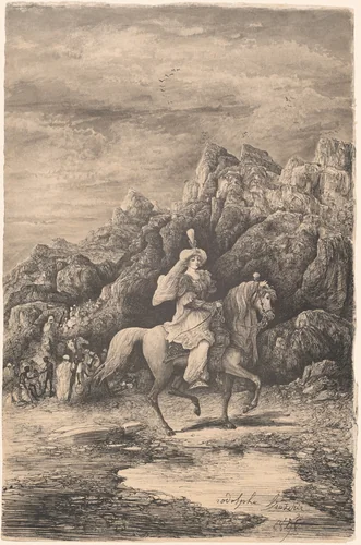 Oriental Horsewoman in a Desolate Mountain Landscape by Rodolphe Bresdin, drawing, 1858