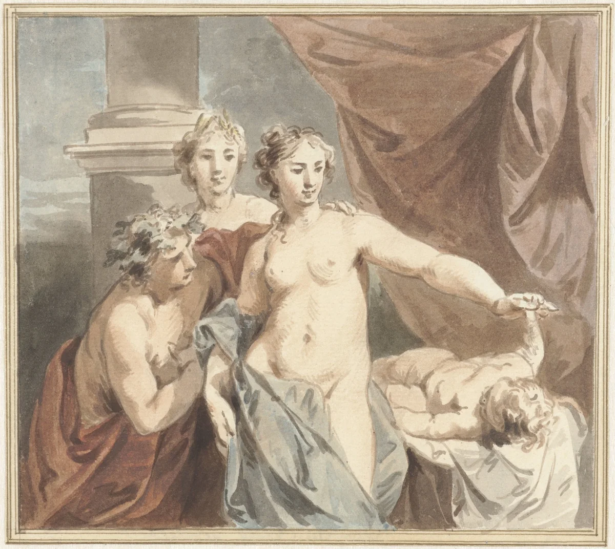 Ceres, Venus, Bacchus en slapende Amor by Jacob de Wit, drawing, 1705-1754