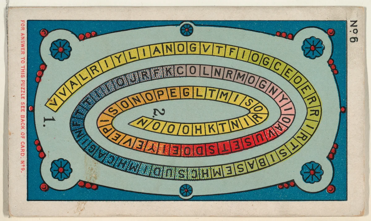 Puzzle Card Number 6, The "Ribbon" Puzzle, from the Jokes series (N118) issued by Duke Sons & Co. to promote Honest Long Cut Tobacco by W. Duke, Sons & Co., print, 1887-1891