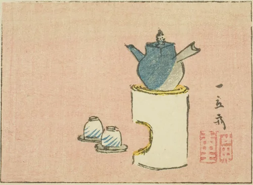 Teapot and cups, section of a sheet from a series of untitled harimaze prints by Utagawa Hiroshige (歌川広重), print, 1850-1859