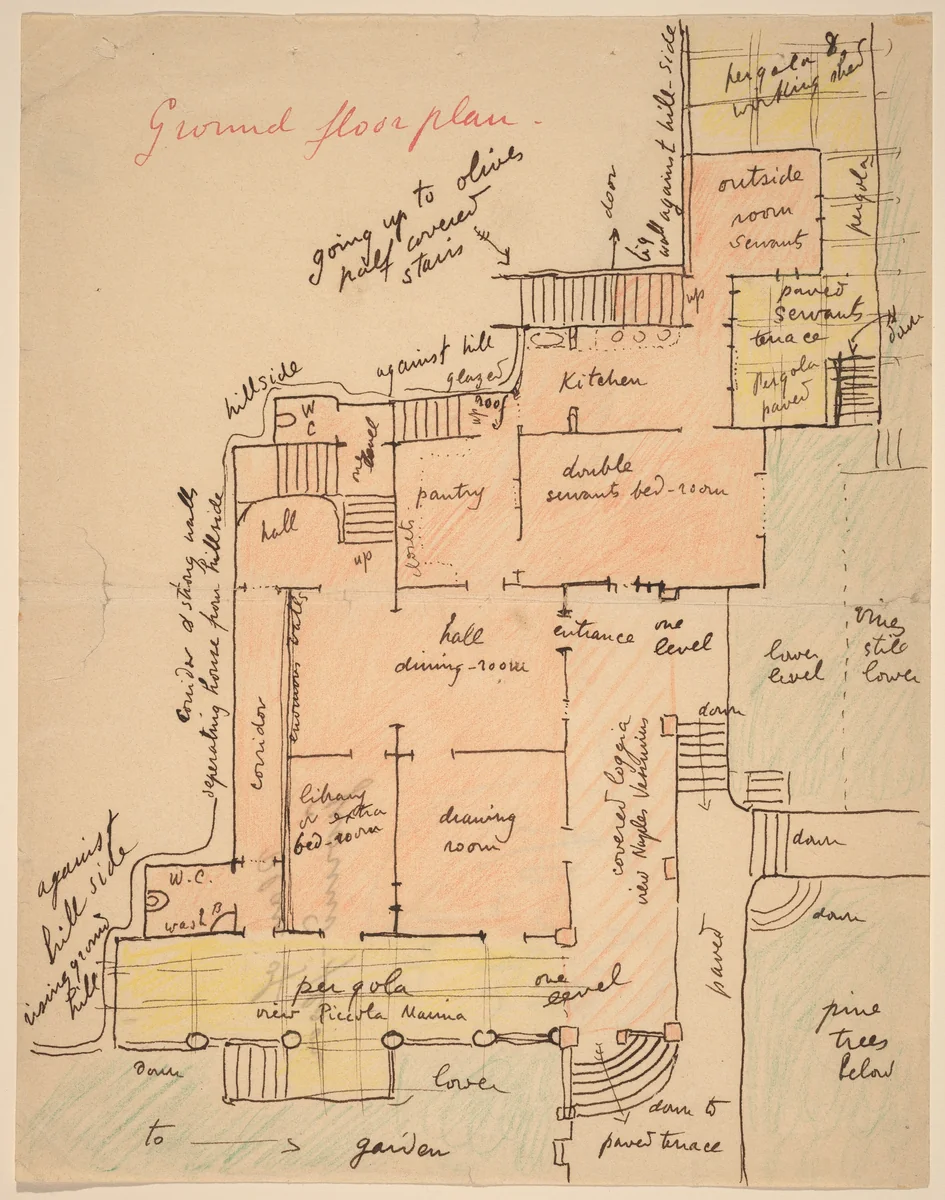 Ground Floor Plan for Torre Quatro Venti by Elihu Vedder, drawing, 1905