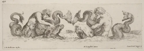 Dolphins and Tritons by Stefano della Bella, print, 1648