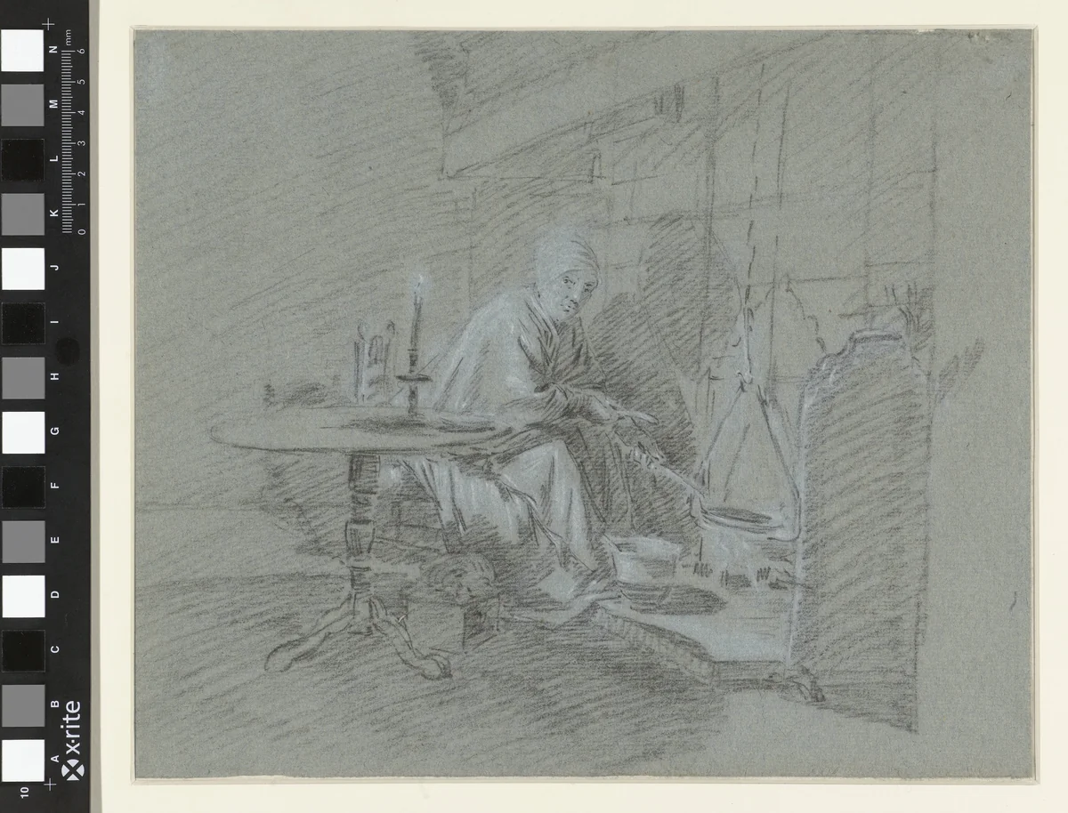 Pannenkoeken bakkende vrouw by anonymous, drawing, 1700-1800