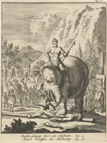 Olifant vertrapt een misdadiger by Jan Luyken, print, 1692