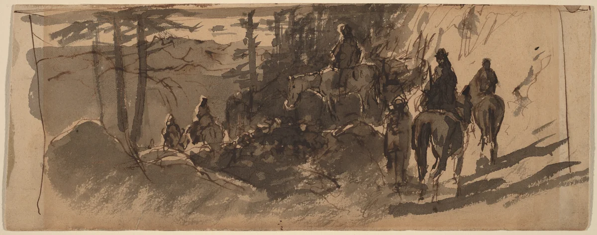 In the Sierras, A Pack Train by William Keith, drawing, 1839-1911