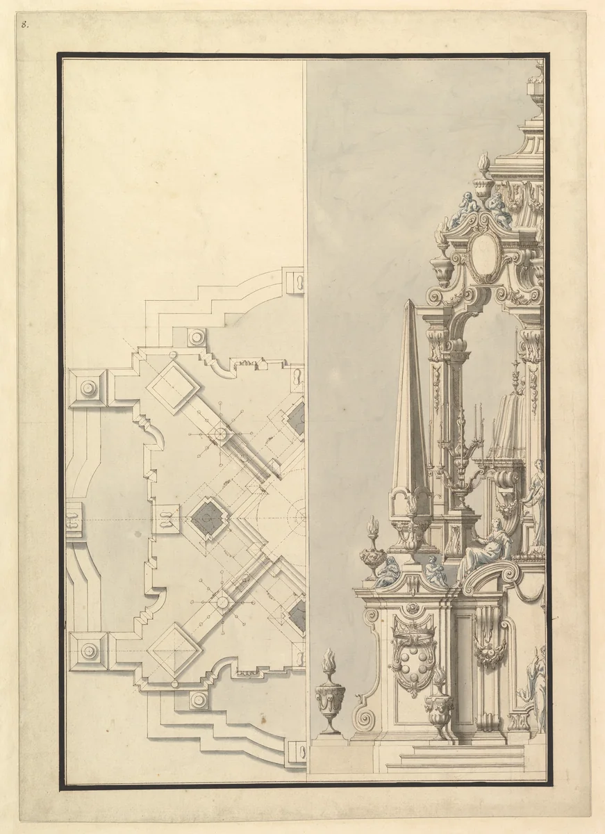 Half Ground Plan and Half Elevation of a Catafalque for Cosimo III dei Medici, Grand Duke of Tuscany (1642–1723) by Giuseppe Galli Bibiena, drawing, 1696-1756