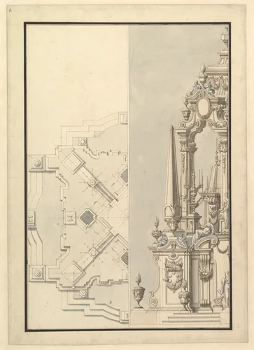 Half Ground Plan and Half Elevation of a Catafalque for Cosimo III dei Medici, Grand Duke of Tuscany (1642–1723) by Giuseppe Galli Bibiena, drawing, 1696-1756
