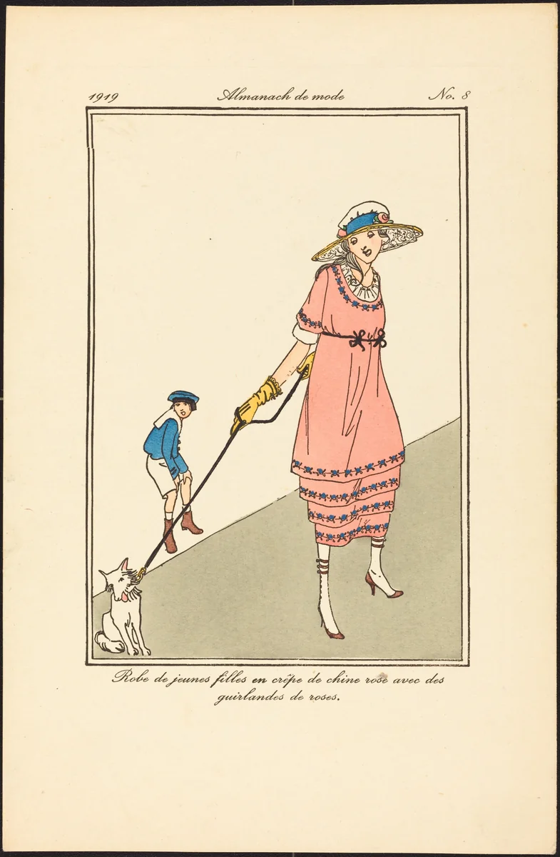 Robe de jeunes filles en crêpe de chine rose avec des guirlandes de roses. by French 20th Century, print, 1919