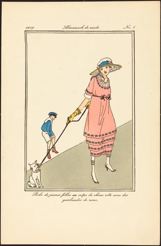 Robe de jeunes filles en crêpe de chine rose avec des guirlandes de roses. by French 20th Century, print, 1919